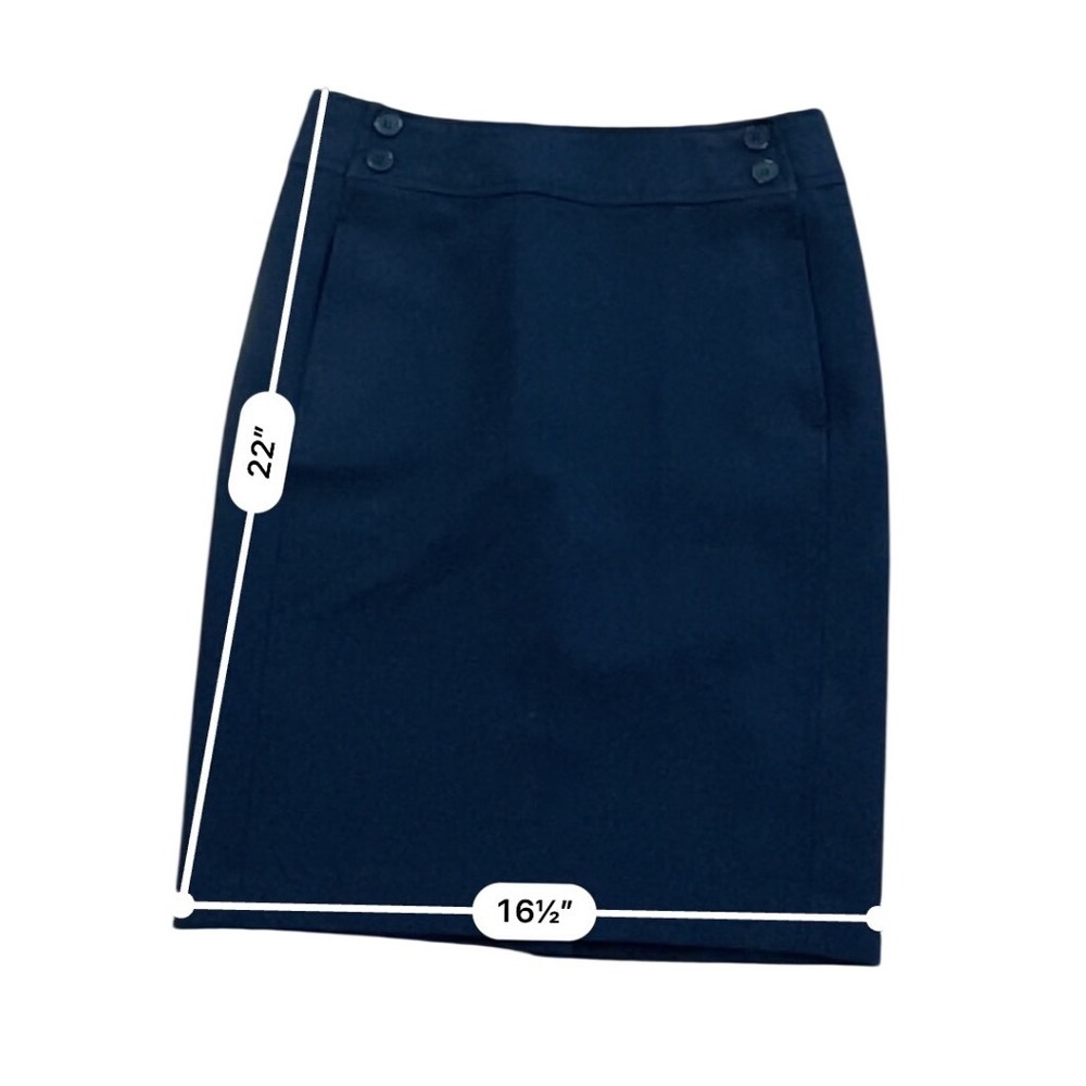 Navy Blue Pencil Skirt Double Button Waist Side Pockets Knee Length Office Wear